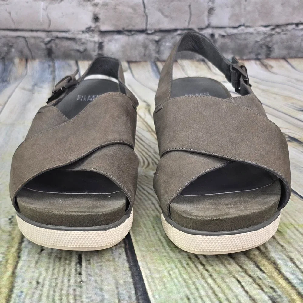 Eileen Fisher Wedge Sandals Womens Size 9 Gray Leather Slingback Platform Summer